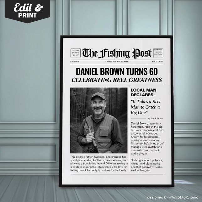 Personalised Fishing Gifts, Fishing Newspaper Poster (Personalized Fishing Gifts, Fishing Newspaper Poster)
