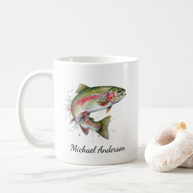 Personalised Fishing Lover  – Trout Fishing Design Coffee Mug (With Donut)