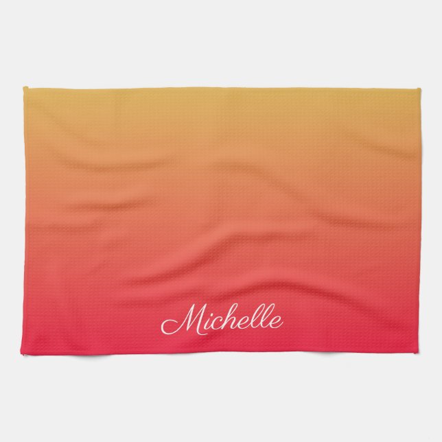 Personalised flame red and yellow ombre tea towel (Horizontal)