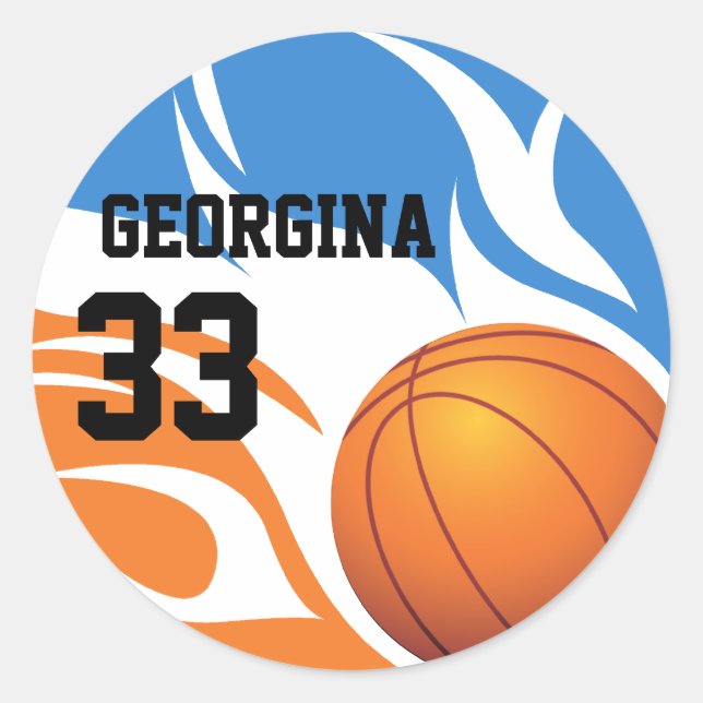 Personalised Flaming Basketball Blue and Orange Classic Round Sticker (Front)