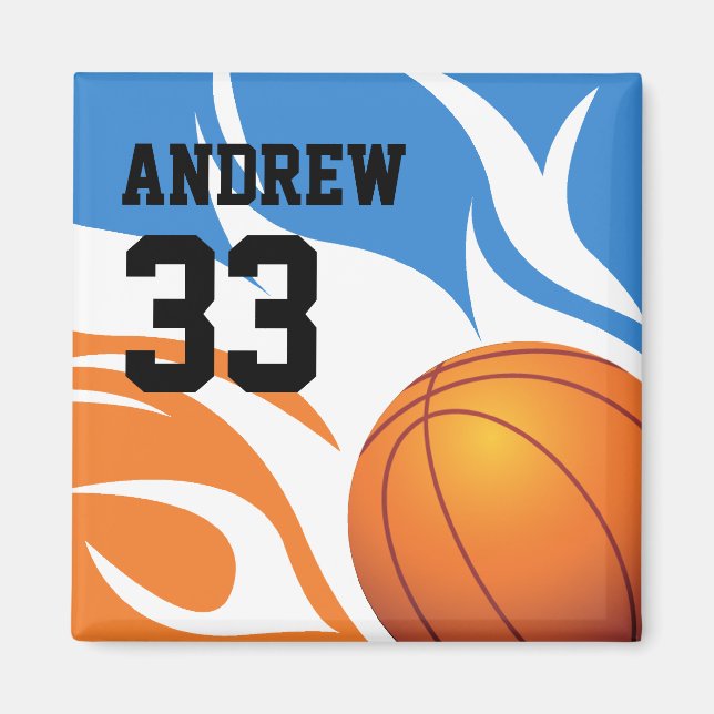 Personalised Flaming Basketball Blue and Orange Magnet (Front)