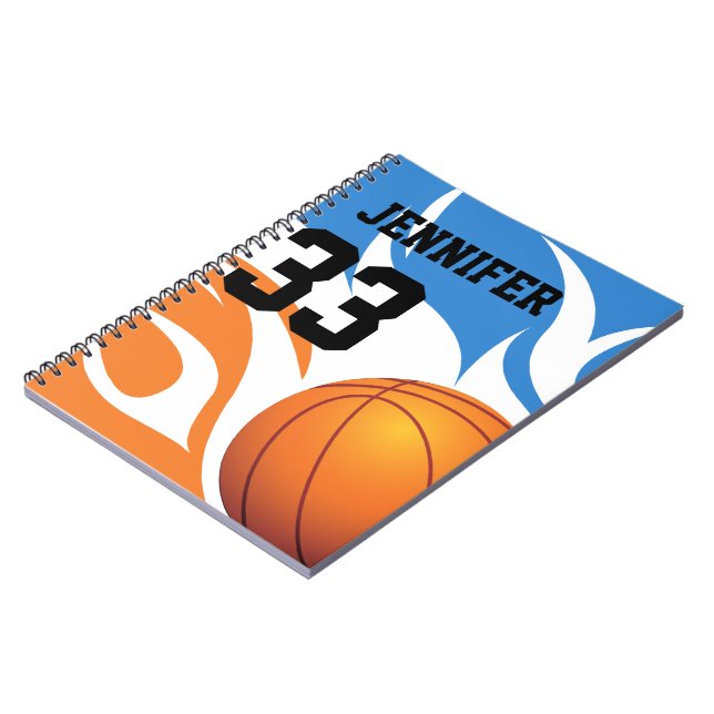 Personalised Flaming Basketball Blue and Orange Spiral Notebook (Left Side)