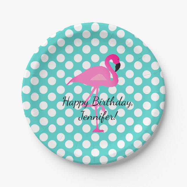 Personalised Flamingo and Polka Dots Paper Plate (Front)