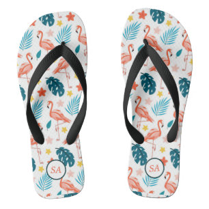 Personalised Flamingo Palm Tree Blue Red Beach Jandals