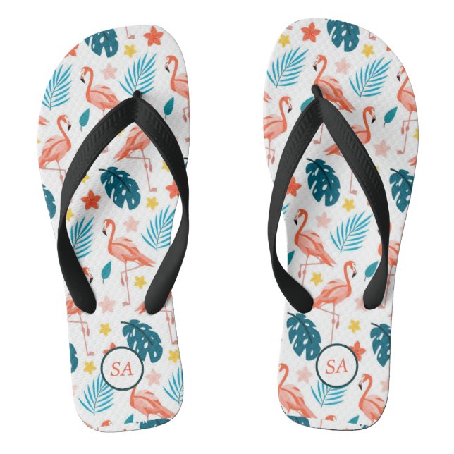 Personalised Flamingo Palm Tree Blue Red Beach Jandals (Footbed)
