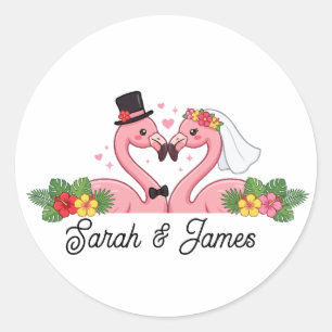 Personalised Flamingo Wedding Couple Tropical Gift Classic Round Sticker