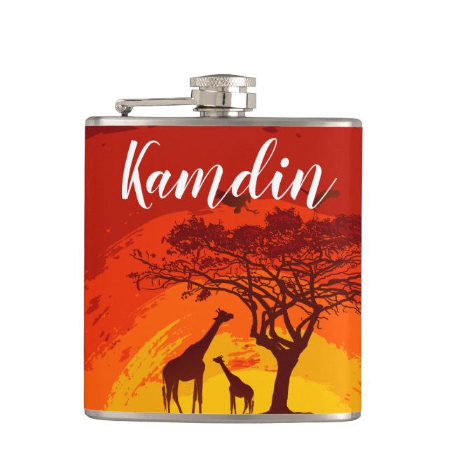 Personalised Flask African Safari Giraffe Sunse (Front)