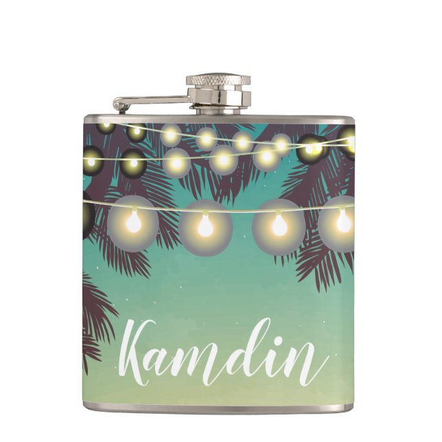 Personalised Flask Beach Sunset Palm Tree String L (Front)