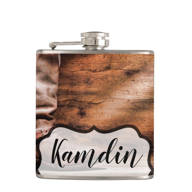 Personalised Flask Cowboy Boots Barn Wood Rustic C (Front)