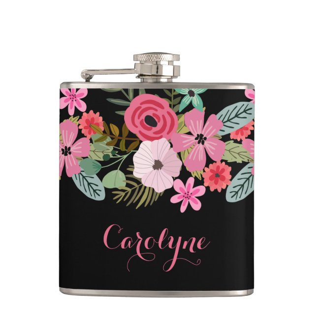 Personalised flask floral black pink Add your name (Front)