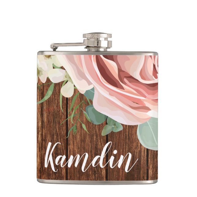 Personalised Flask Geometric Garden Rose Barn Wood (Front)