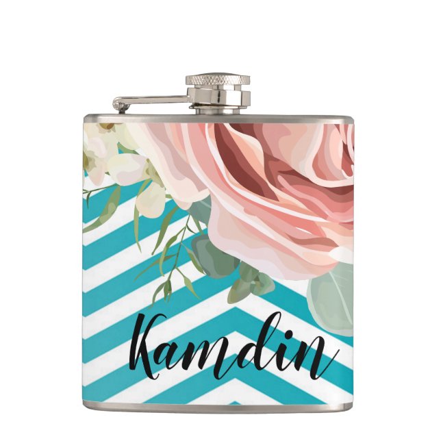 Personalised Flask Geometric Rose Chevron Teal (Front)