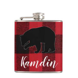 Personalised Flask Red Buffalo Plaid Bear Black