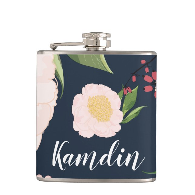 Personalised Flask White Floral Flowers on Dark Bl (Front)