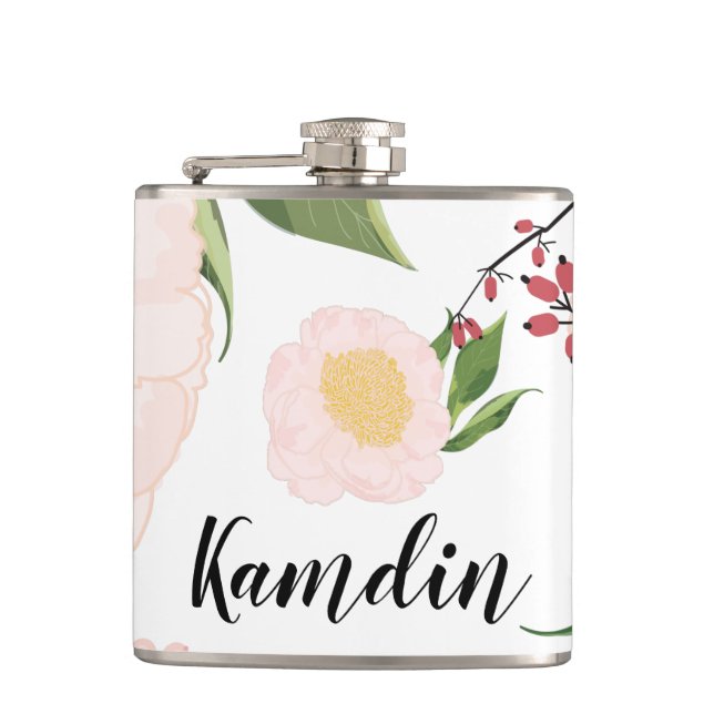 Personalised Flask White Floral Flowers on White (Front)