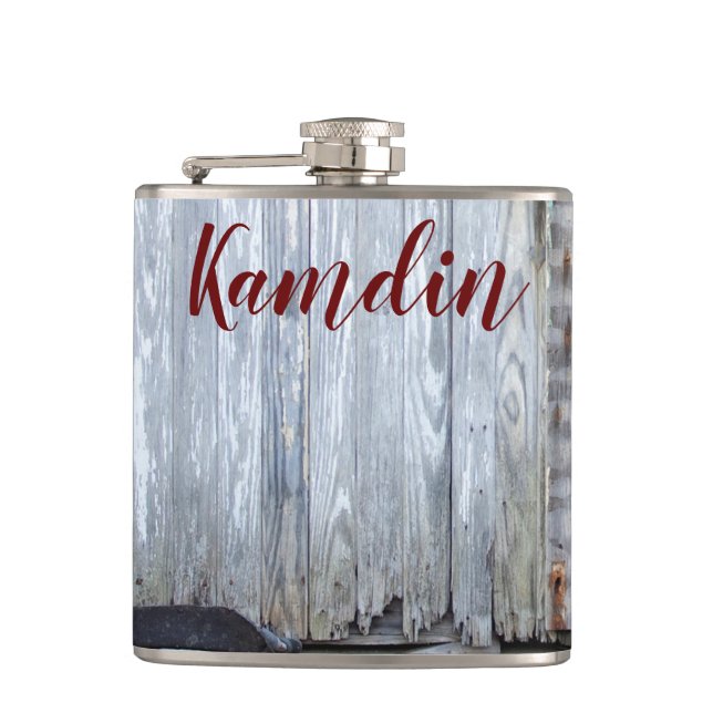 Personalised Flask White Wash Wood Barn Door Count (Front)