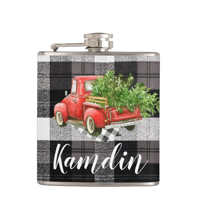 Personalised Flask XMAS Truck Baffalo Plaid Black (Front)