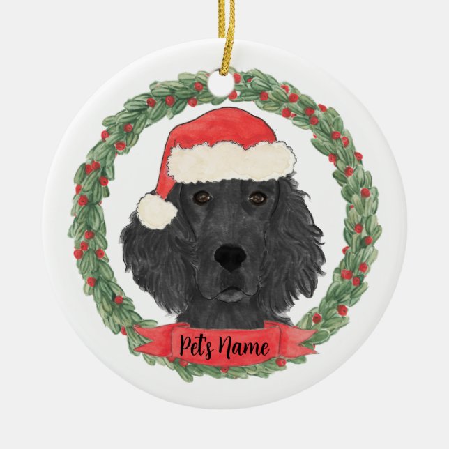 Personalised Flat Coated Retriever Christmas Ceramic Tree Decoration (Front)