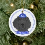 Personalised Flat Coated Retriever Dog Hanukkah Ceramic Tree Decoration<br><div class="desc">Celebrate your favourite mensch on a bench with a personalised ornament! This design features a sweet illustration of a black flat coated retriever dog with a blue and white yarmulke. For the most thoughtful gifts, pair it with another item from my collection! To see more work and learn about this...</div>
