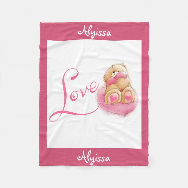 Personalised Fleece Blanket/Bear and Hearts Blanket (Front)