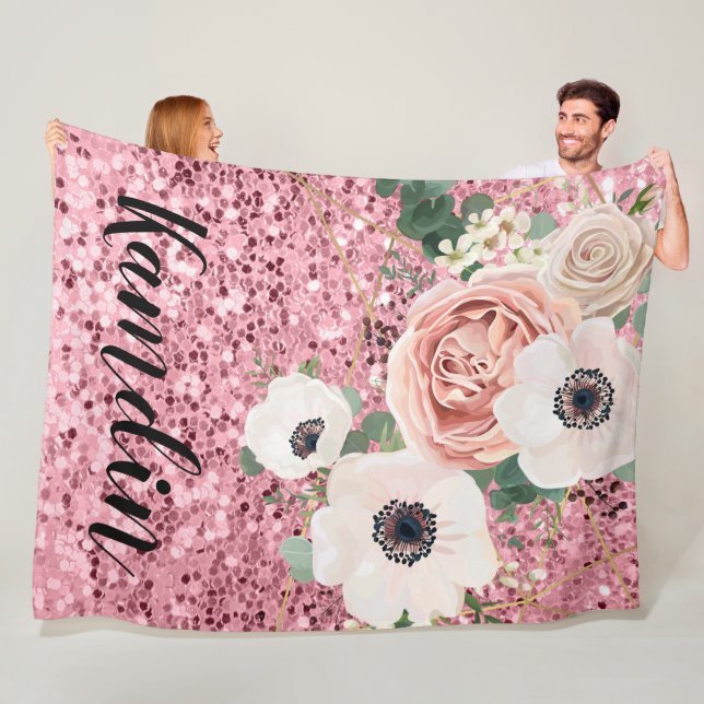 Personalised Fleece Throw Geometric Garden Rose Blanket (In Situ)