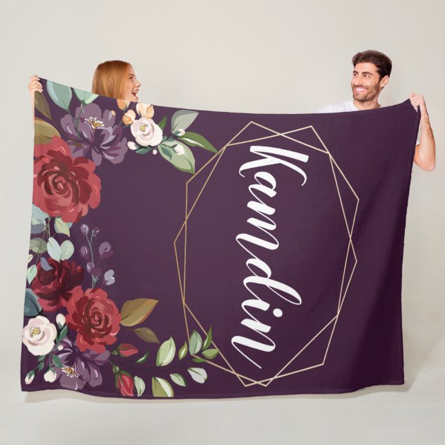 Personalised Fleece Throw Plum Purple Roses Gold G (In Situ)