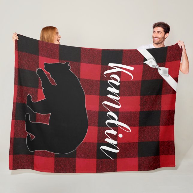 Personalised Fleece Throw Red Buffalo Plaid Bear Blanket (In Situ)