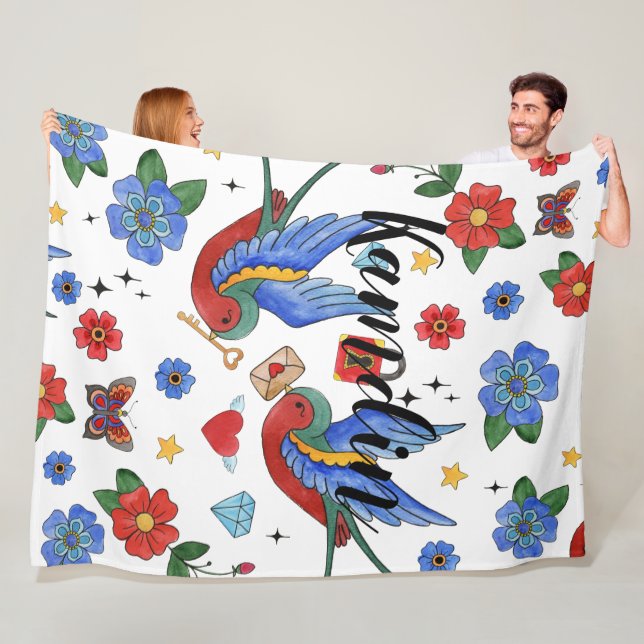 Personalised Fleece Throw Traditional Bird Tattoo Blanket (In Situ)
