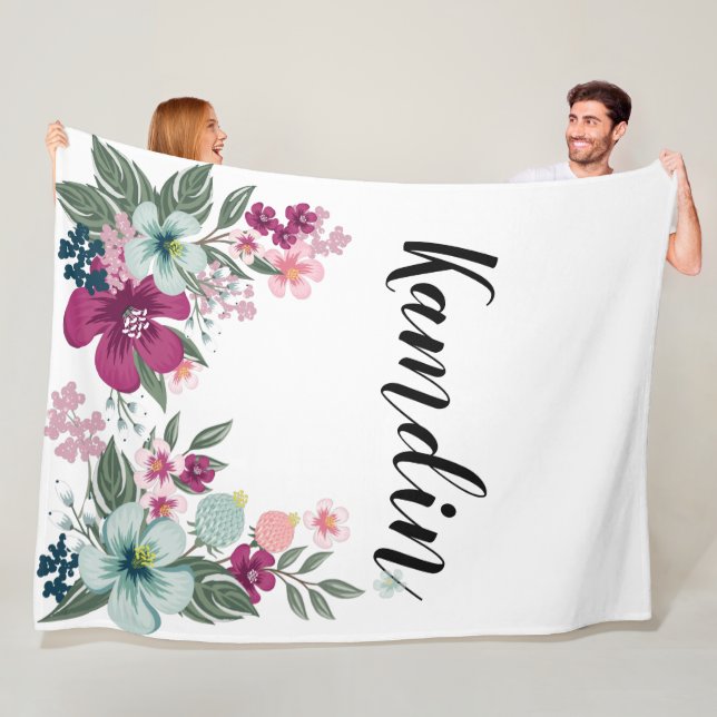 Personalised Fleece Throw Tropical Flower on White Blanket (In Situ)
