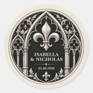 Personalised Fleur de Lis Gothic Wedding Classic Round Sticker