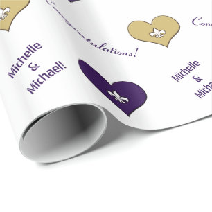 Personalised Fleur de Lis Heart Purple Gold Wrapping Paper