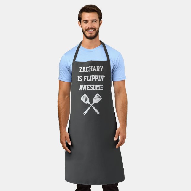 Personalised Flippin Awesome Spatula Grey Apron (Worn)