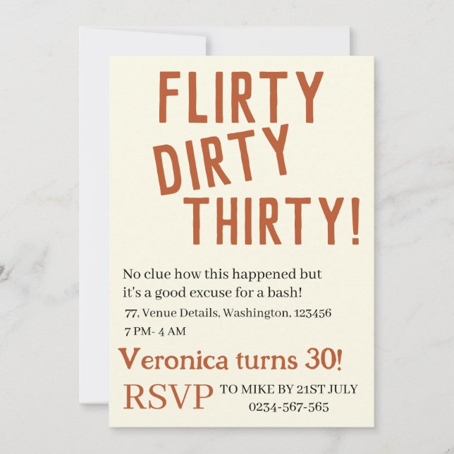 Personalised flirty dirty thirty funny birthday 30 invitation (Front)