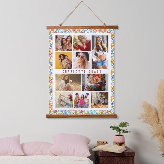 Personalised Floral 10 Photo Collage Hanging Tapestry (Bedroom)