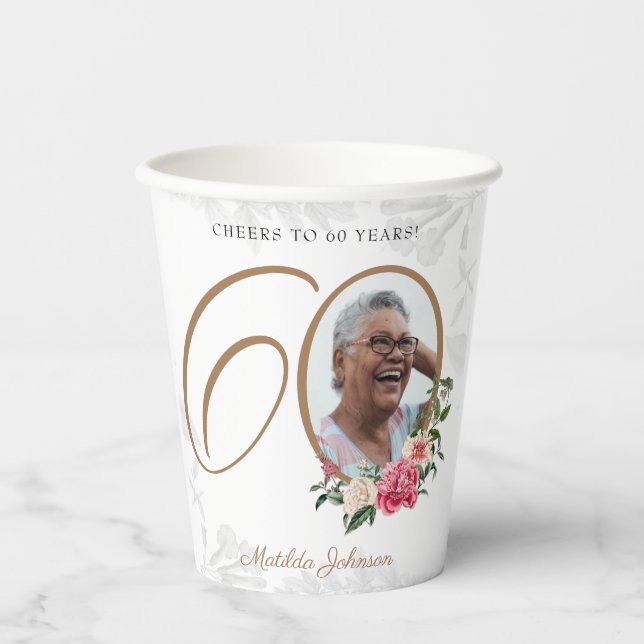 Personalised Floral 60th Birthday White Gold Photo Paper Cups (Front)