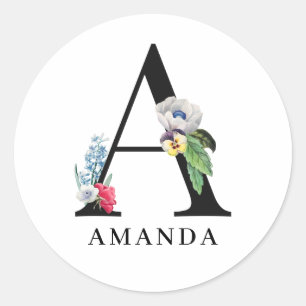 Personalised Floral Alphabet A Monogram Classic Round Sticker