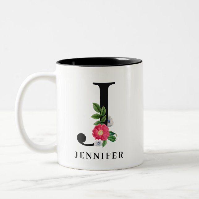 Personalised Floral Alphabet J Monogram Two-Tone Coffee Mug (Left)