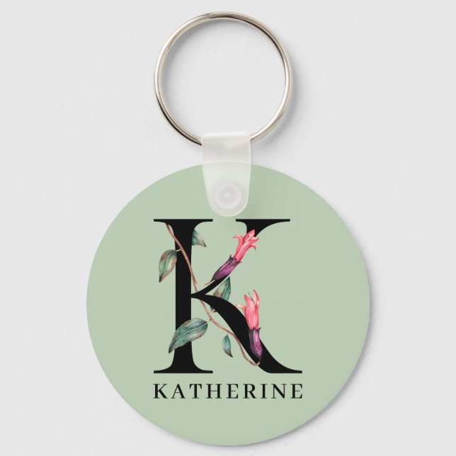 Personalised Floral Alphabet K Monogram Key Ring (Front)