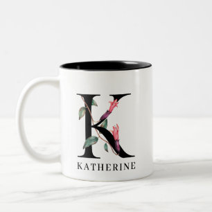 Personalised Floral Alphabet K Monogram Two-Tone Coffee Mug