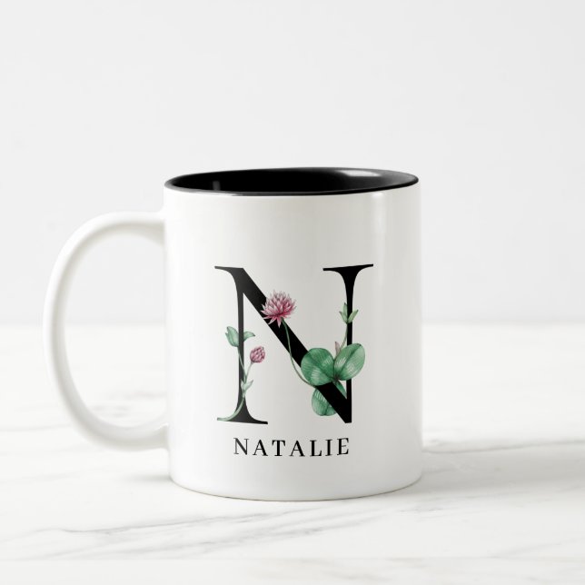 Personalised Floral Alphabet N Monogram Two-Tone C Coffee Mug (Left)