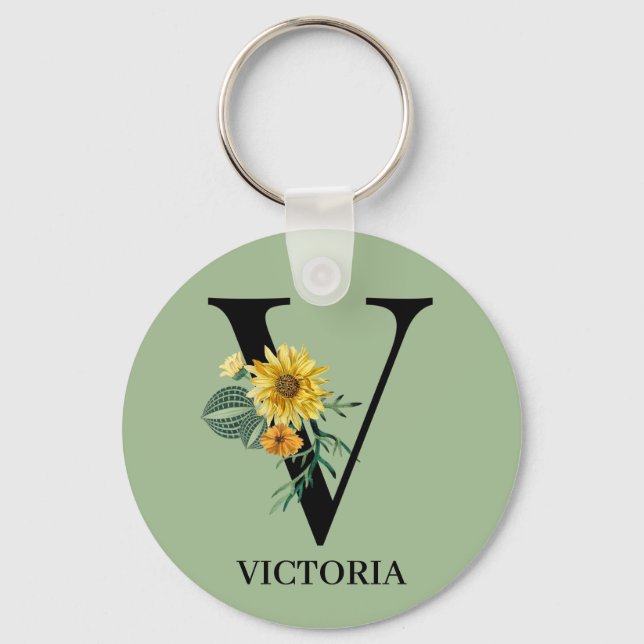 Personalised Floral Alphabet V Monogram  Key Ring (Front)