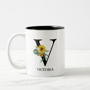 Personalised Floral Alphabet V Monogram Two-Tone Coffee Mug