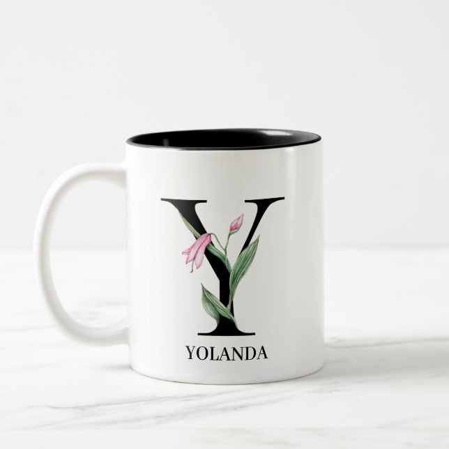 Personalised Floral Alphabet Y Monogram Two-Tone Coffee Mug (Left)