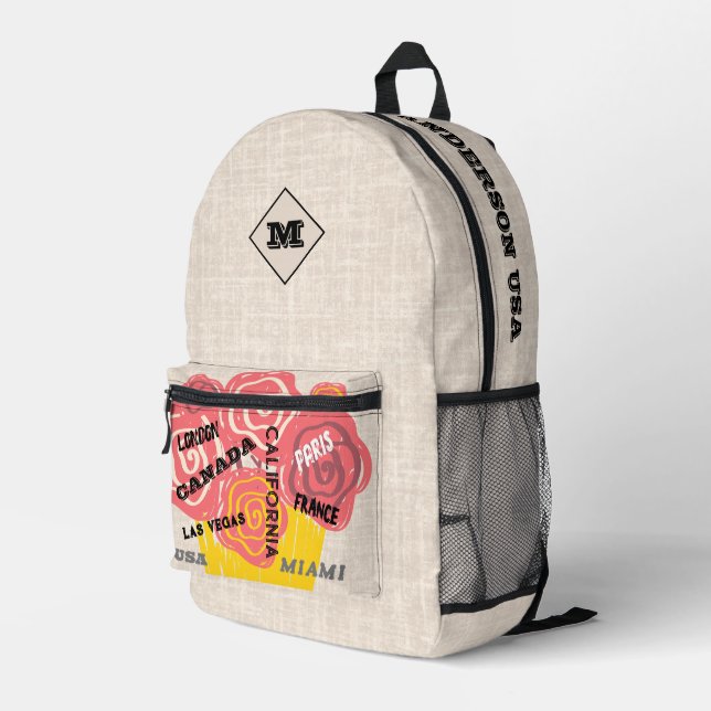 Personalised floral and burlap Stylish design text Printed Backpack (Back Corner Right)