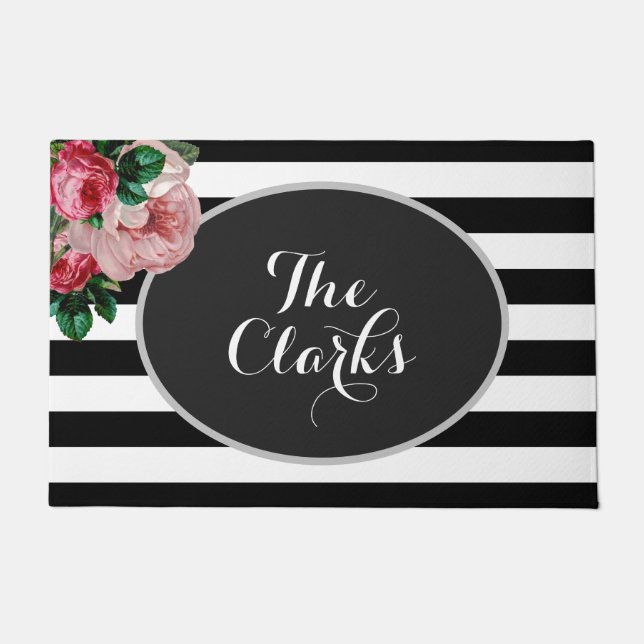 Personalised Floral and Stripes Doormat (Front)