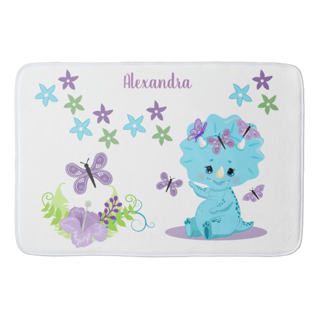 Personalised Floral Baby Dinosaur Bath Mat (Front)