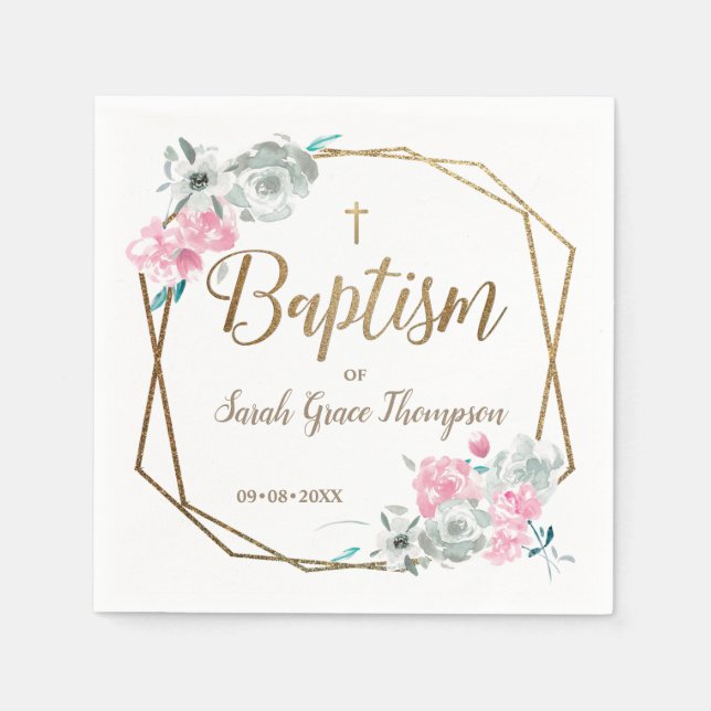 Personalised floral Baby girl gold cross baptism Napkin (Front)