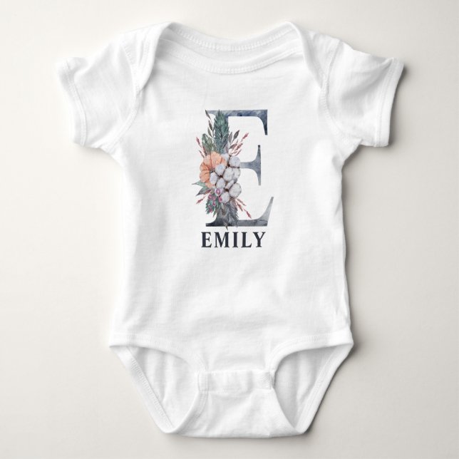 Personalised Floral Baby Girl Name Baby Initial E Bodysuit (Front)