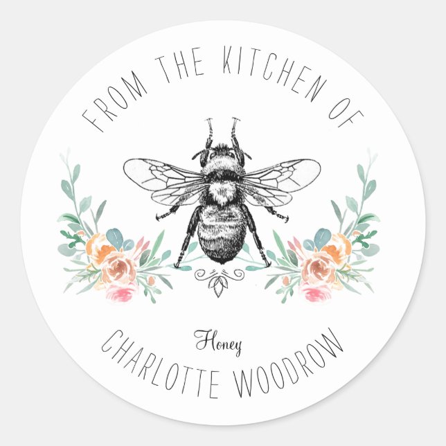 Personalised Floral Bee Kitchen Of Classic Round Sticker (Front)
