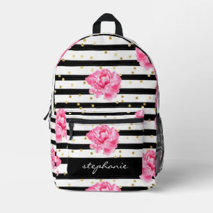 Personalised Floral Black Stripe and Gold Confetti Printed Backpack